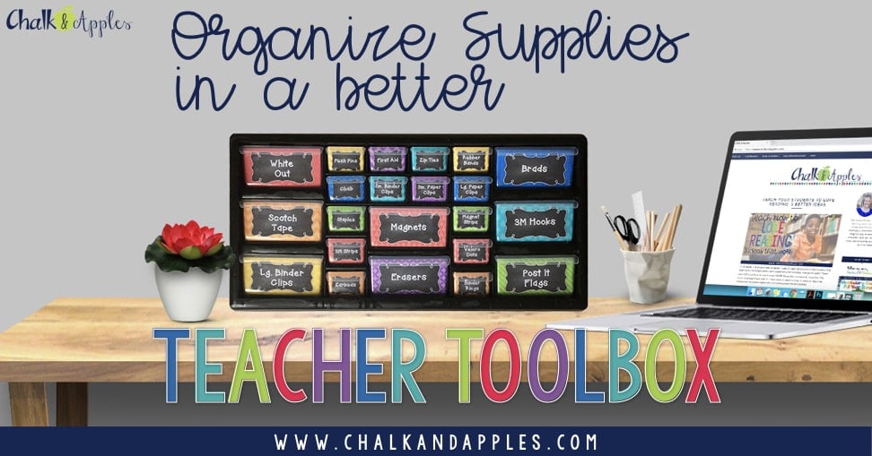 Organize all your teacher desk supplies in a (new + improved) Teacher Toolbox! #teachertoolbox #teachertoolboxlabels #classroomorganization #teachertoolboxdiy