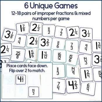 Improper fractions into Mixed numbers memory game